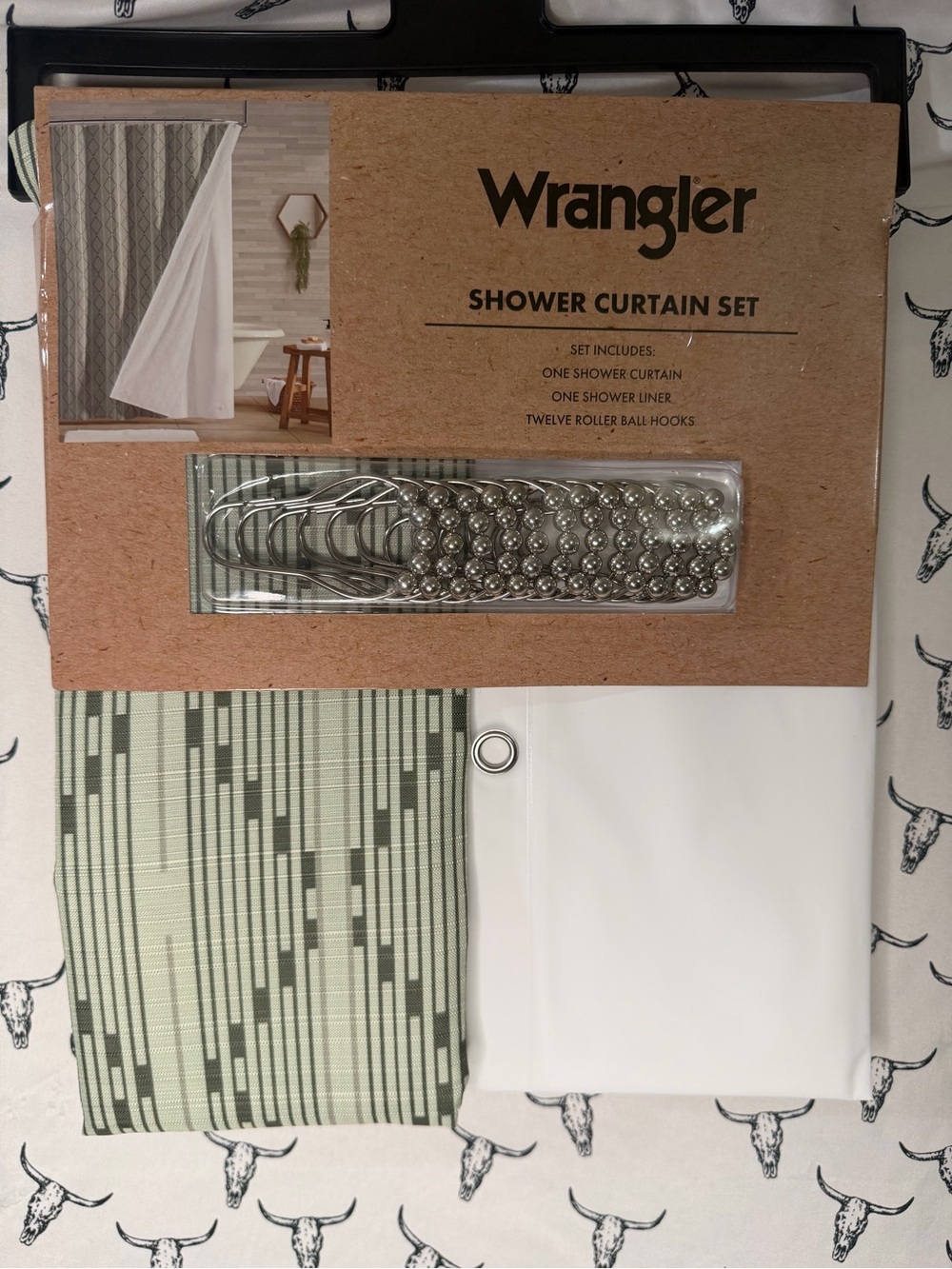 Wrangler Sage Green and White Shower Curtain Set with Roller Ball Hooks